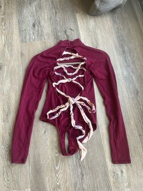 Free People Intimately Wine Burgundy Open Back Lace Up Bodysuit Long Sleeve Sz S